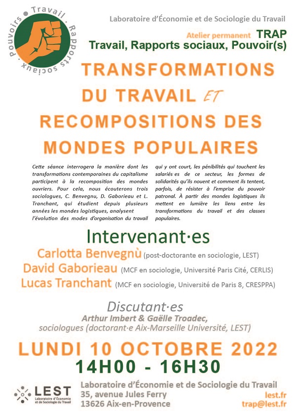 Séance inaugurale TRAP - Transformations du travail et recompositions des mondes populaires