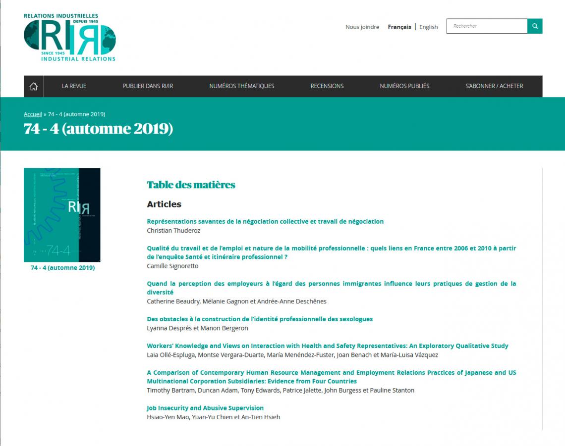 Camille Signoretto dans le numéro 74-4 de Relations industrielles/Industrial Relations