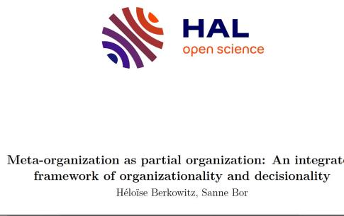 chapitre 2 Héloïse Berkowitz, Sanne Bor. Meta-organization as partial organization: An integrated framework of organizationality and decisionality. Clusters and Sustainable Regional Development. A Meta-Organisational Approach, (à paraître 07/12/2022)